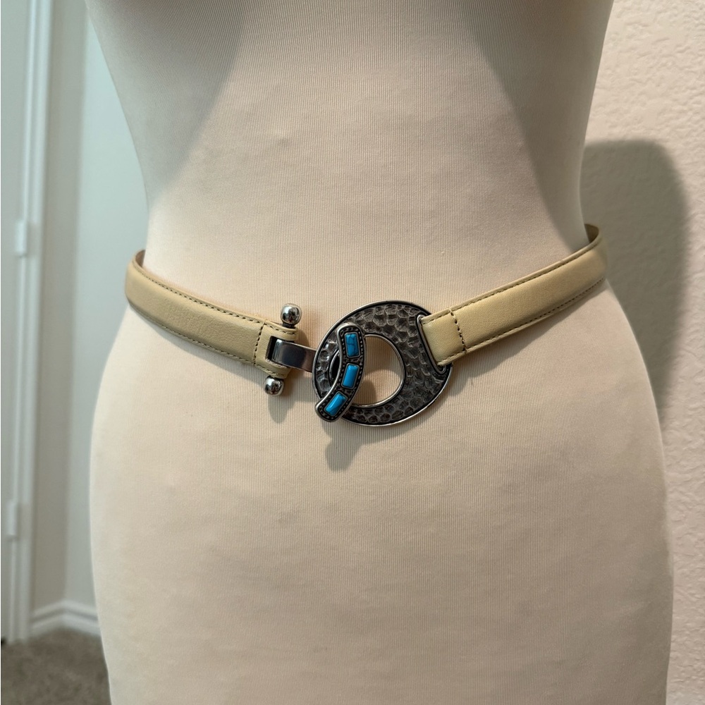 Unique Cream Adjustable Belt with Western Buckle